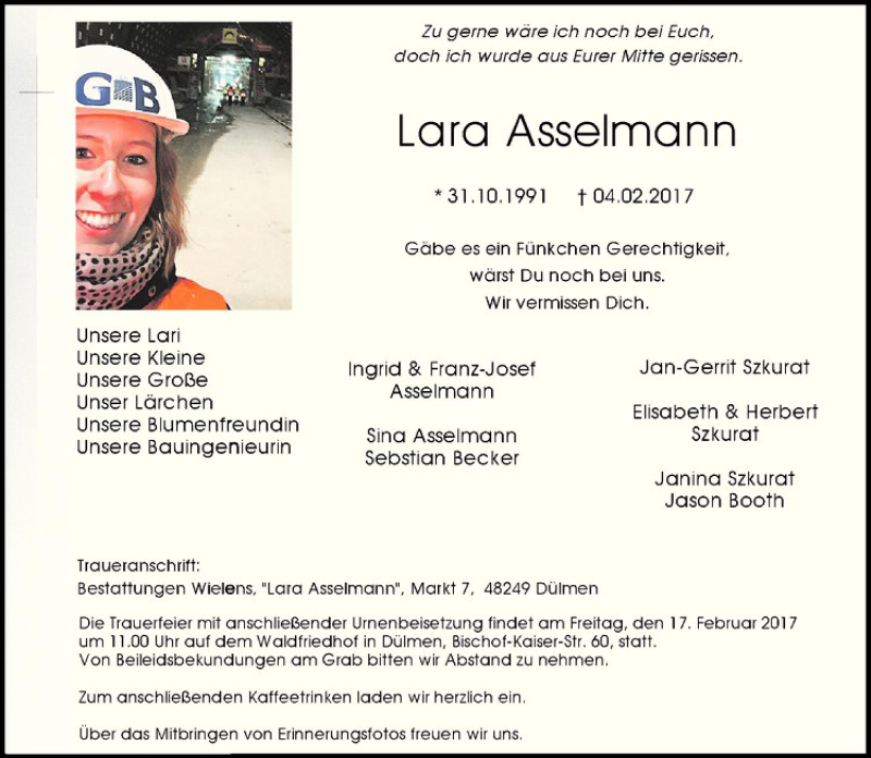  Traueranzeige für Lara Asselmann vom 11.02.2017 aus Westfälische Nachrichten