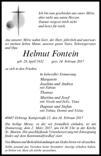 Anzeige von Helmut Fontein von Westfälische Nachrichten