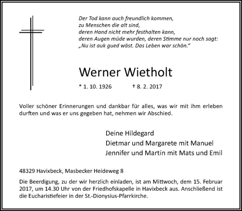 Traueranzeige für Werner Wietholt vom 11.02.2017 aus Westfälische Nachrichten