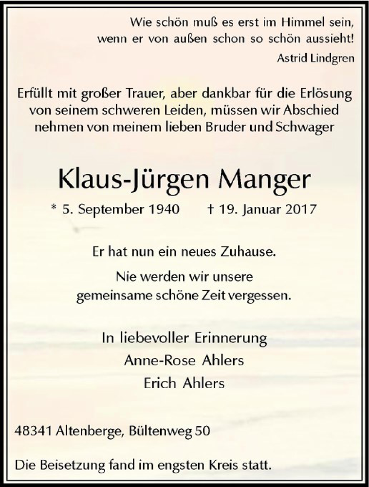  Traueranzeige für Klaus-Jürgen Manger vom 04.02.2017 aus Westfälische Nachrichten