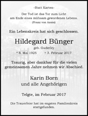 Anzeige von Hildegard Bünger von Westfälische Nachrichten