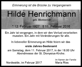 Anzeige von Hilde Henrichmann von Westfälische Nachrichten