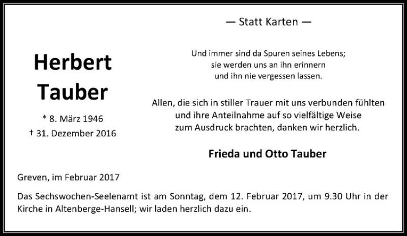  Traueranzeige für Herbert Tauber vom 04.02.2017 aus Westfälische Nachrichten