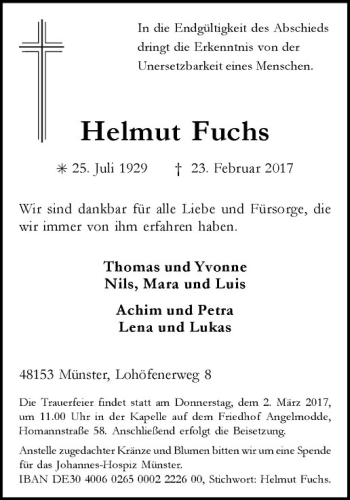 Anzeige von Helmut Fuchs von Westfälische Nachrichten