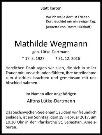 Anzeige von Mathilde Wegmann von Westfälische Nachrichten