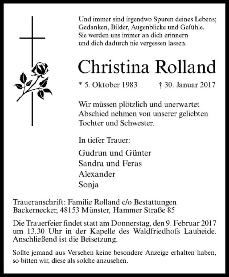  Traueranzeige für Christina Rolland vom 04.02.2017 aus Westfälische Nachrichten