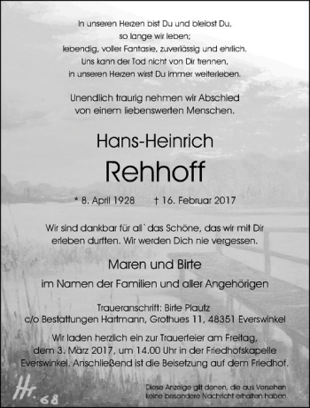 Anzeige von Hans-Heinrich Rehhoff von Westfälische Nachrichten