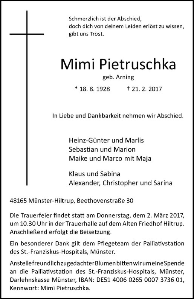  Traueranzeige für Mimi Pietruschka vom 25.02.2017 aus Westfälische Nachrichten