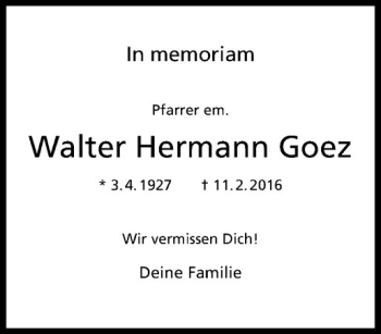 Anzeige von Walter Hermann Goez von Westfälische Nachrichten