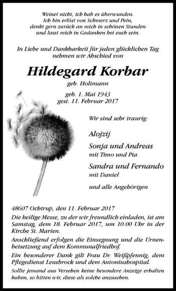 Anzeige von Hildegard Korbar von Westfälische Nachrichten