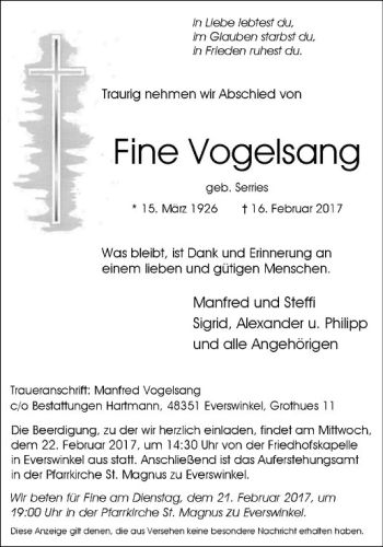Anzeige von Fine Vogelsang von Westfälische Nachrichten