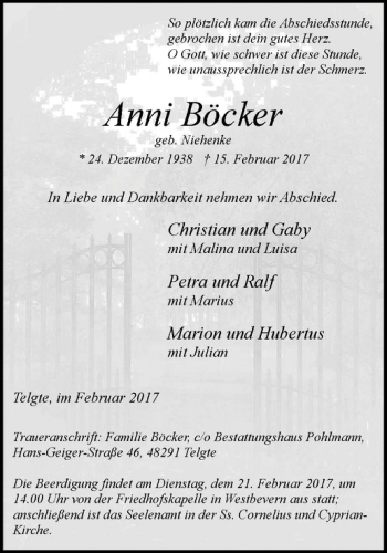 Anzeige von Anni Böcker von Westfälische Nachrichten