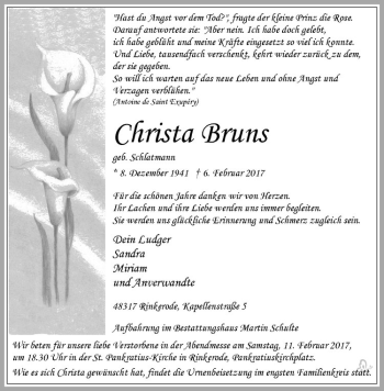 Anzeige von Christa Bruns von Westfälische Nachrichten