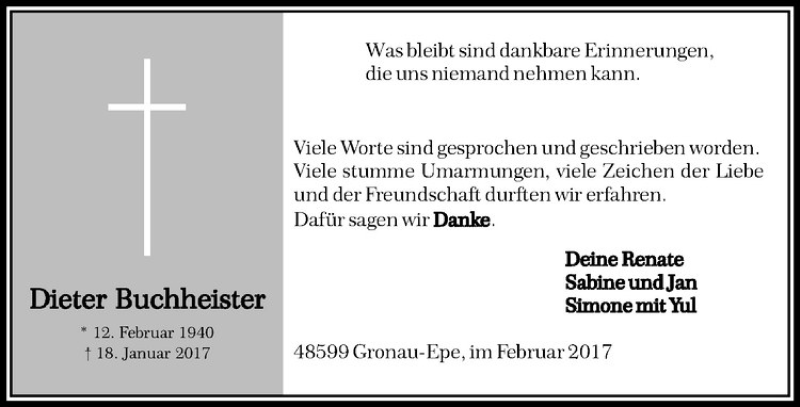  Traueranzeige für Dieter Buchheister vom 18.02.2017 aus Westfälische Nachrichten