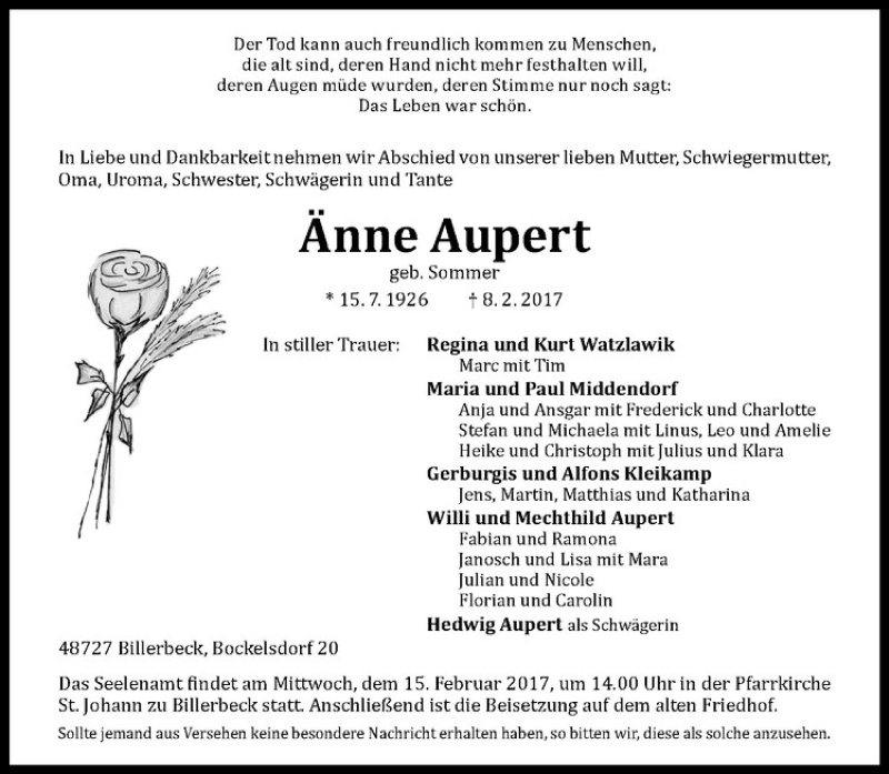  Traueranzeige für Änne Aupert vom 14.02.2017 aus Westfälische Nachrichten