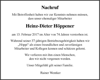Anzeige von Heinz-Dieter Höppener von Westfälische Nachrichten