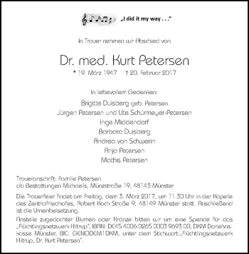 Anzeige von Kurt Petersen von Westfälische Nachrichten