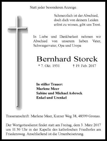 Anzeige von Bernhard Storck von Westfälische Nachrichten