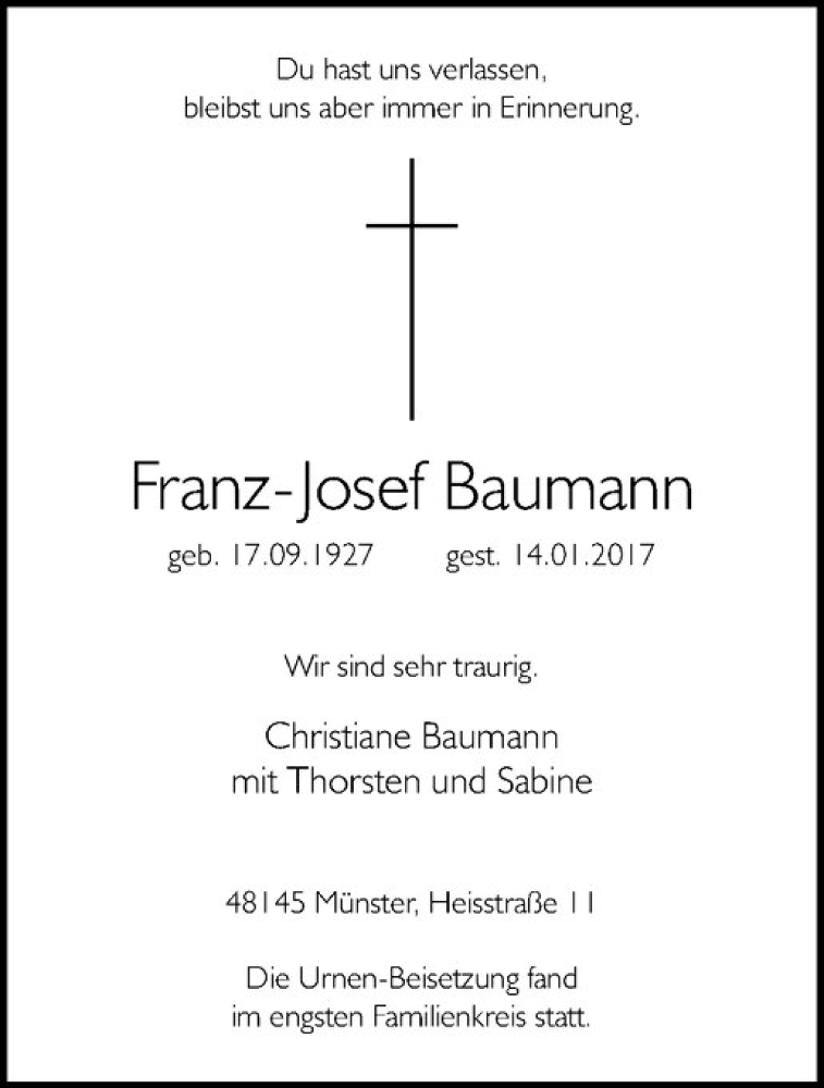  Traueranzeige für Franz-Josef Baumann vom 03.02.2017 aus Westfälische Nachrichten