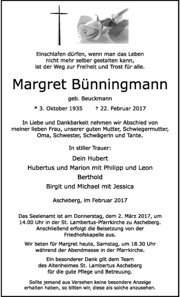  Traueranzeige für Margret Bünningmann vom 25.02.2017 aus Westfälische Nachrichten