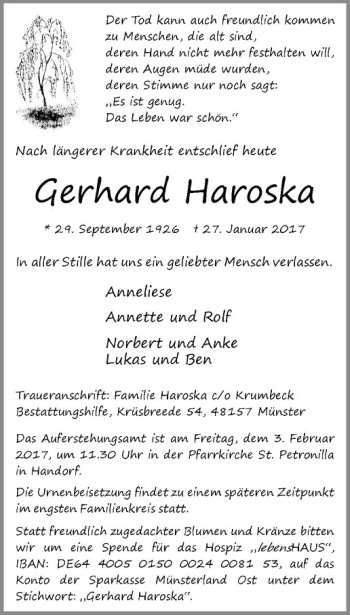 Anzeige von Gerhard Haroska von Westfälische Nachrichten