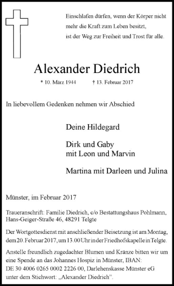 Anzeige von Alexander Diedrich von Westfälische Nachrichten