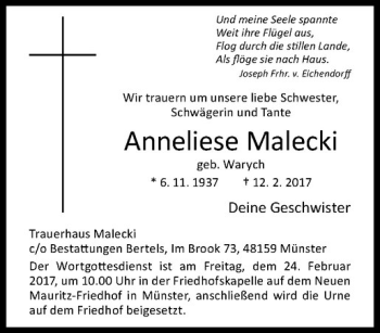 Anzeige von Anneliese Malecki von Westfälische Nachrichten