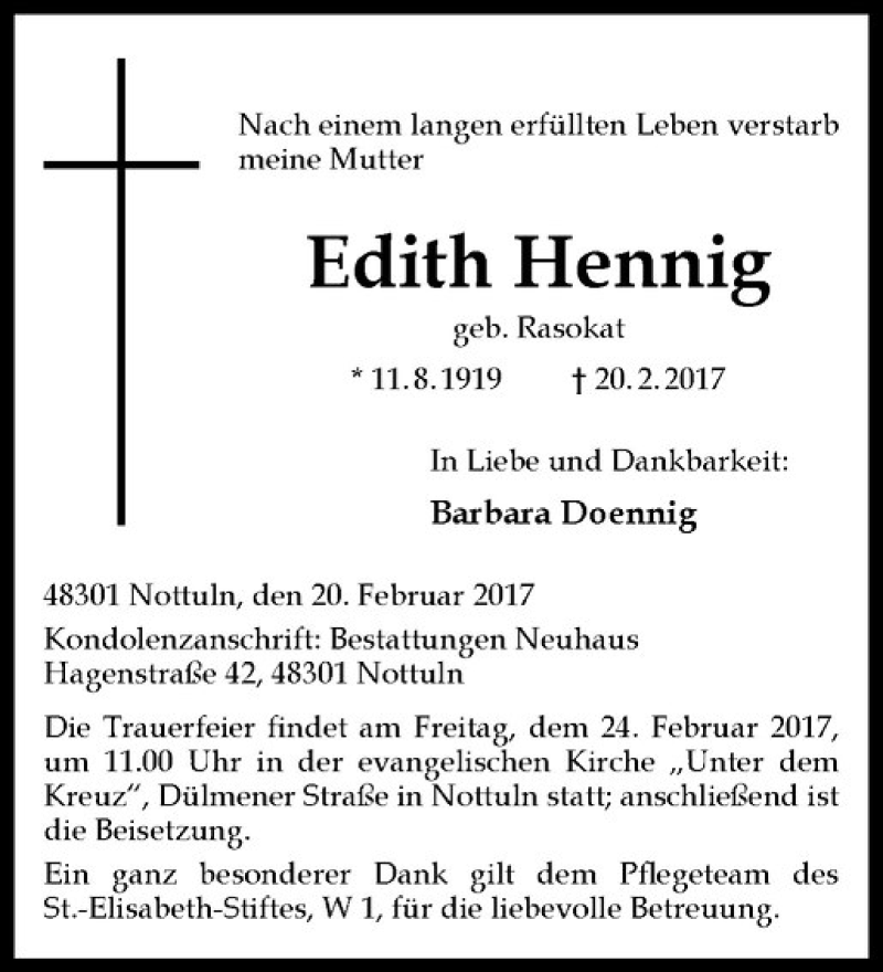  Traueranzeige für Edith Hennig vom 22.02.2017 aus Westfälische Nachrichten