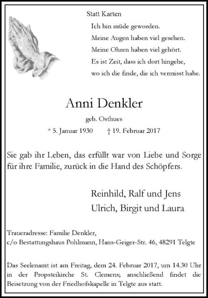  Traueranzeige für Anni Denkler vom 22.02.2017 aus Westfälische Nachrichten