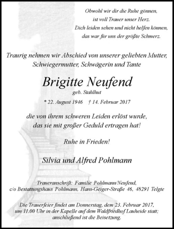 Anzeige von Brigitte Neufend von Westfälische Nachrichten