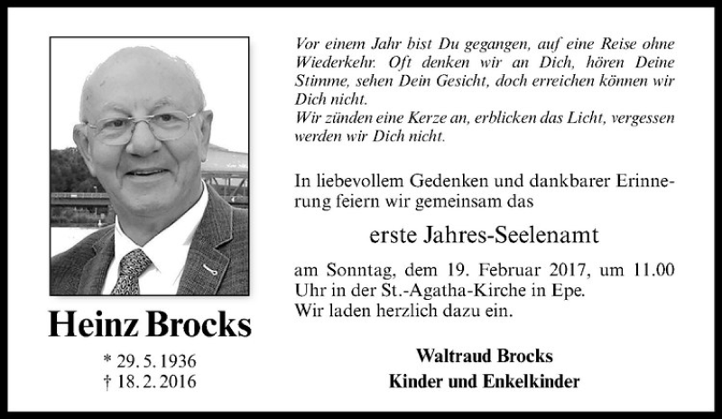  Traueranzeige für Heinz Brocks vom 15.02.2017 aus Westfälische Nachrichten