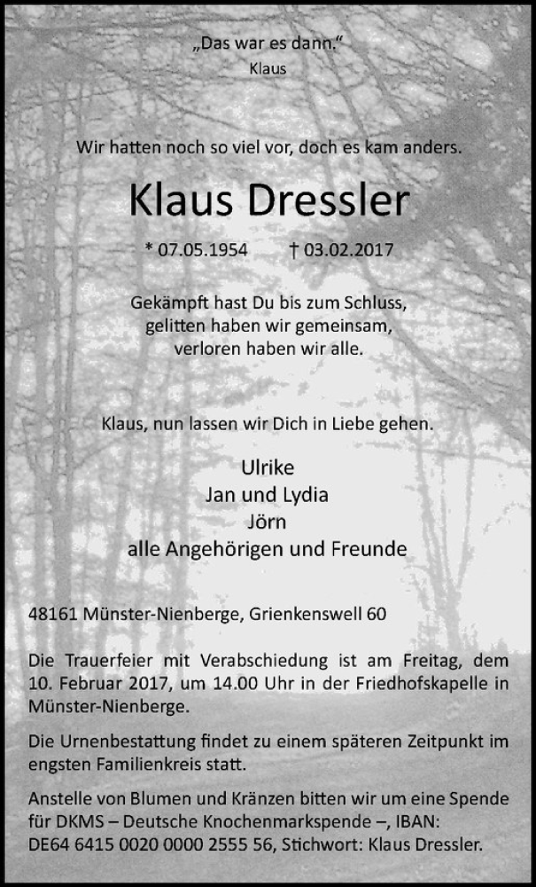  Traueranzeige für Klaus Dressler vom 07.02.2017 aus Westfälische Nachrichten