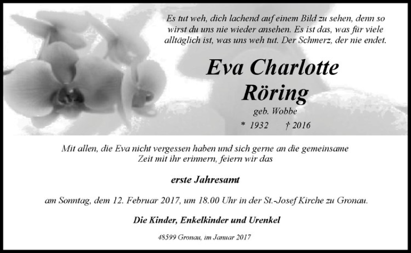  Traueranzeige für Eva Charlotte Röring vom 04.02.2017 aus Westfälische Nachrichten