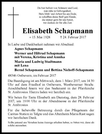 Anzeige von Elisabeth Schapmann von Westfälische Nachrichten