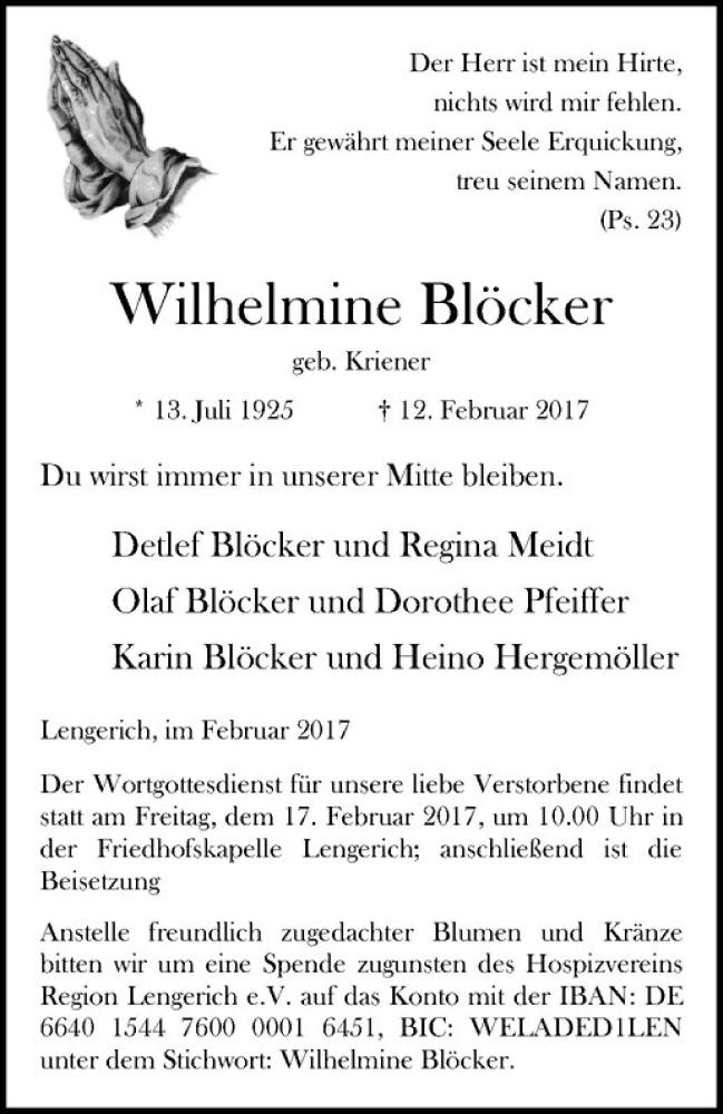  Traueranzeige für Wilhelmine Blöcker vom 15.02.2017 aus Westfälische Nachrichten