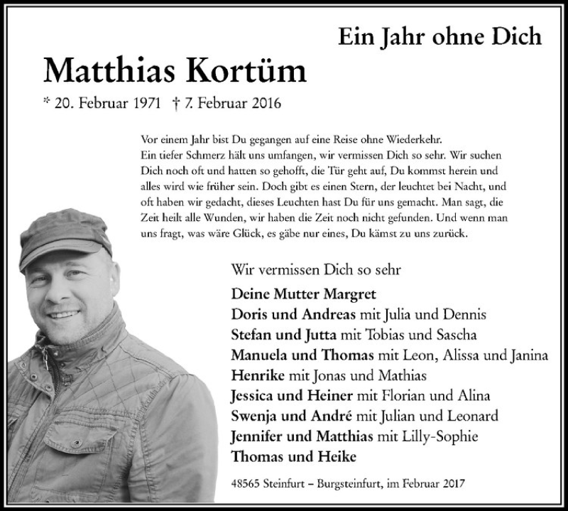  Traueranzeige für Matthias Kortüm vom 07.02.2017 aus Westfälische Nachrichten