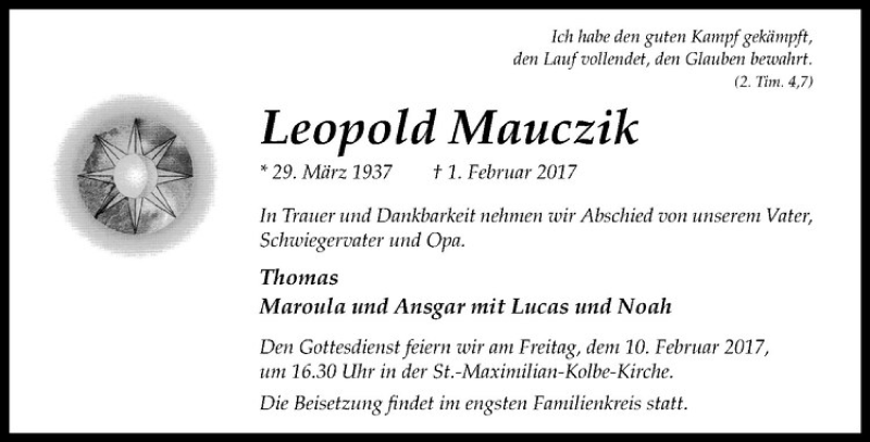  Traueranzeige für Leopold Mauczik vom 04.02.2017 aus Westfälische Nachrichten