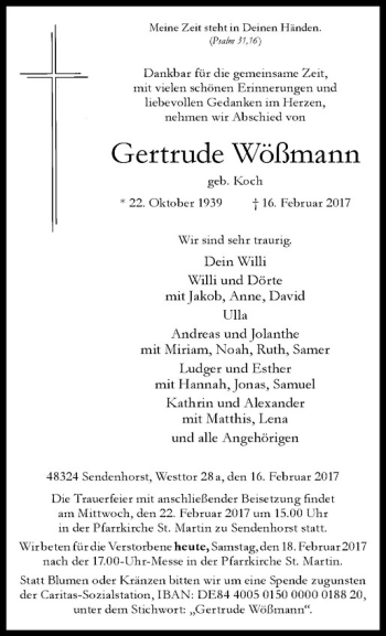 Anzeige von Gertrude Wößmann von Westfälische Nachrichten