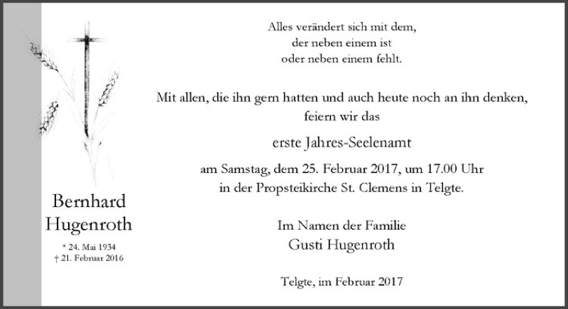  Traueranzeige für Bernhard Hugenroth vom 18.02.2017 aus Westfälische Nachrichten