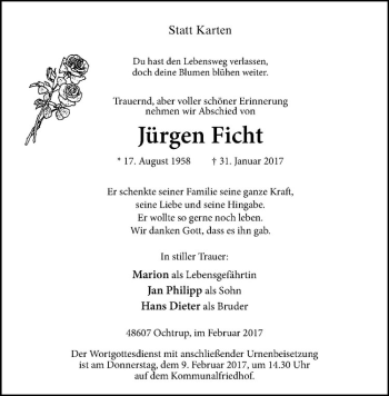 Anzeige von Jürgen Ficht von Westfälische Nachrichten