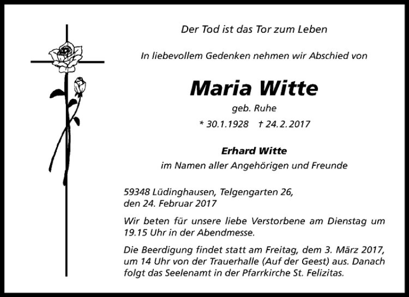  Traueranzeige für Maria Witte vom 27.02.2017 aus Westfälische Nachrichten
