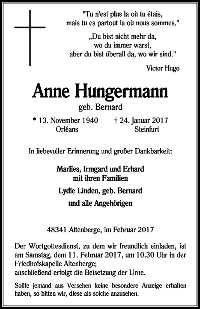  Traueranzeige für Anne Hungermann vom 04.02.2017 aus Westfälische Nachrichten