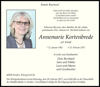 Anzeige von Annemarie Kortenbrede von Westfälische Nachrichten