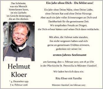 Anzeige von Helmut Kloer von Westfälische Nachrichten