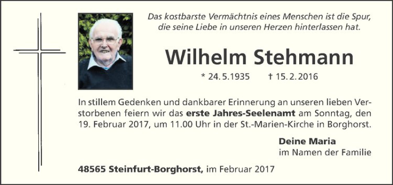  Traueranzeige für Wilhelm Stehmann vom 11.02.2017 aus Westfälische Nachrichten