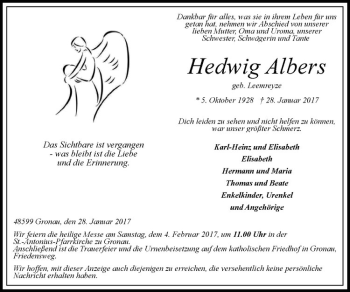 Anzeige von Hedwig Albers von Westfälische Nachrichten