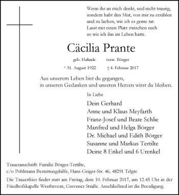 Anzeige von Cäcilia Prante von Westfälische Nachrichten