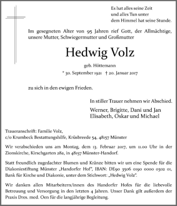 Anzeige von Hedwig Völz von Westfälische Nachrichten