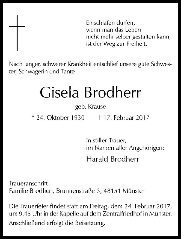  Traueranzeige für Gisela Brodherr vom 22.02.2017 aus Westfälische Nachrichten