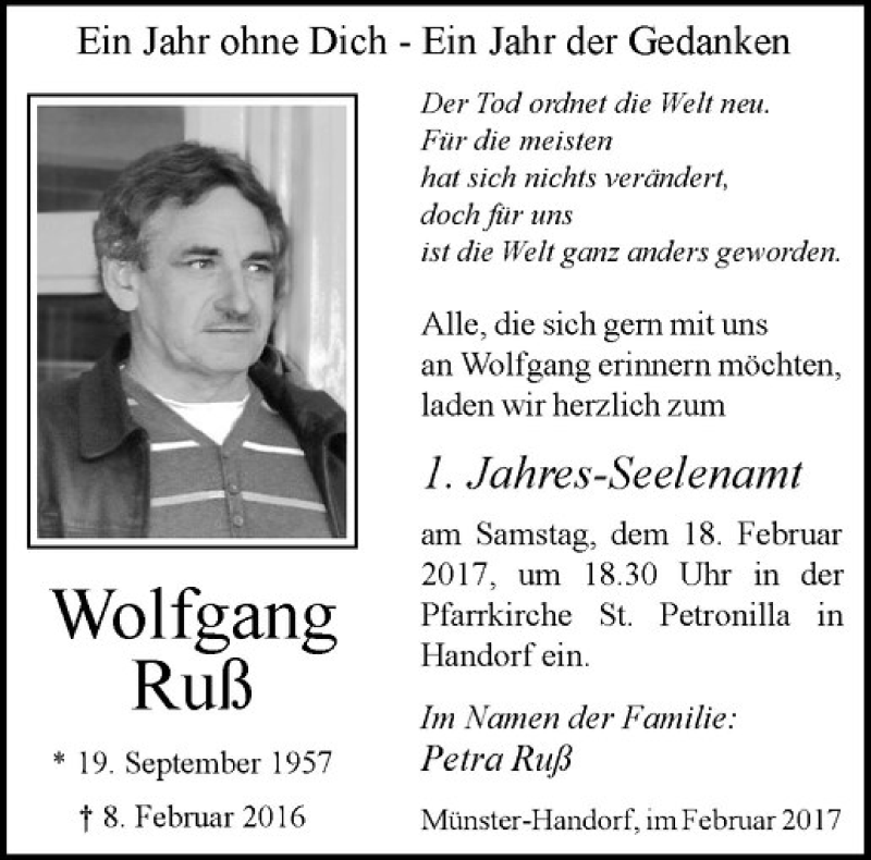  Traueranzeige für Wolfgang Ruß vom 11.02.2017 aus Westfälische Nachrichten